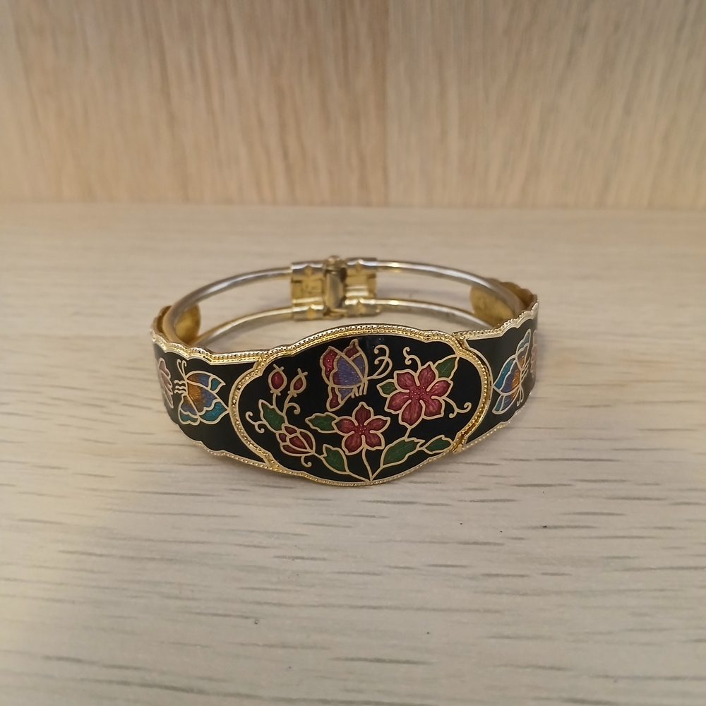 Bangle Dark Floral 1980s Gold Cloisonné Bracelet ‎ Flowers